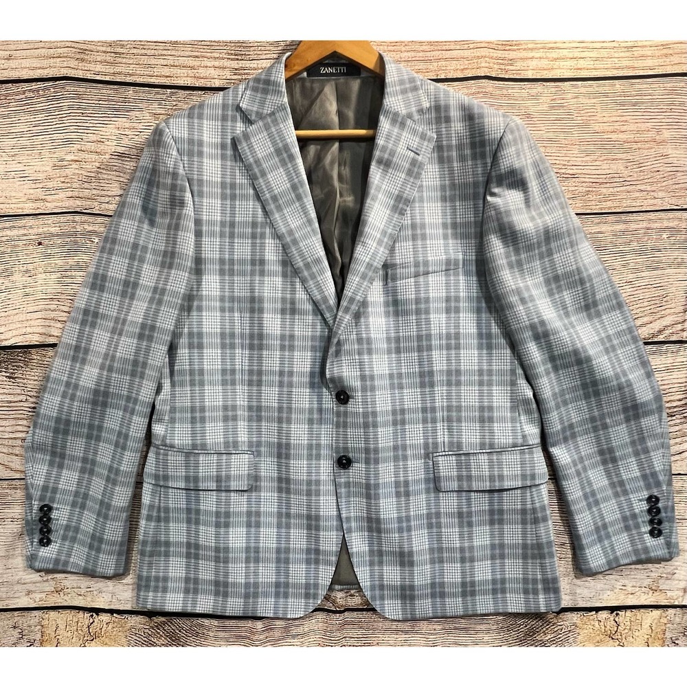 Zanetti Blue and White Mens Plaid Blazer Suit Jacket Size 44R